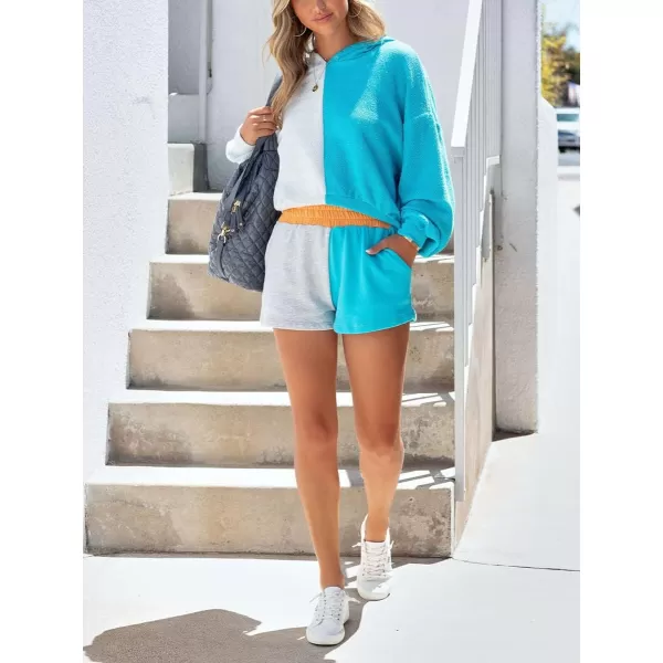 chouyatou Womens 2 Piece Outfits Color Block Long Sleeve Hooded Hoodie Sweatshirt Top Shorts SetsBlue Grey