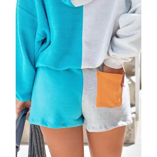 chouyatou Womens 2 Piece Outfits Color Block Long Sleeve Hooded Hoodie Sweatshirt Top Shorts SetsBlue Grey