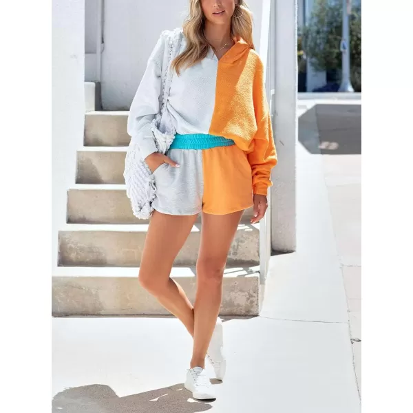 chouyatou Womens 2 Piece Outfits Color Block Long Sleeve Hooded Hoodie Sweatshirt Top Shorts SetsOrange Grey