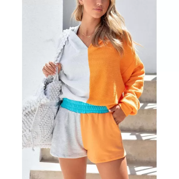 chouyatou Womens 2 Piece Outfits Color Block Long Sleeve Hooded Hoodie Sweatshirt Top Shorts SetsOrange Grey