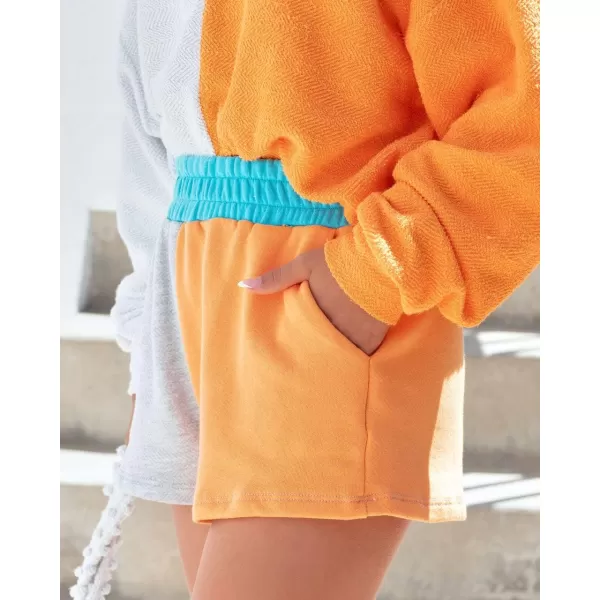 chouyatou Womens 2 Piece Outfits Color Block Long Sleeve Hooded Hoodie Sweatshirt Top Shorts SetsOrange Grey