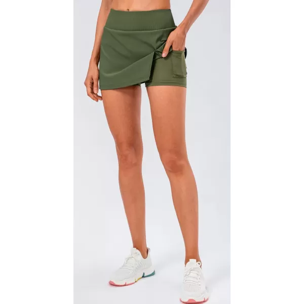 chouyatou Womens Active Stretched High Waisted A Line Ribbed Knit Tennis Gym Running Skorts Skirts with ShortsArmy Green
