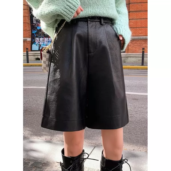 chouyatou Womens Casual High Elastic Waist Shorts Moto Pu Faux Leather Shorts with PocketsBlack