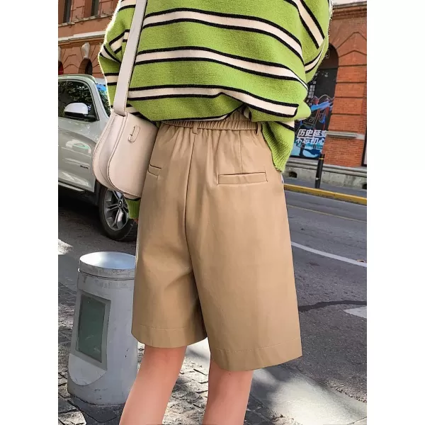 chouyatou Womens Casual High Elastic Waist Shorts Moto Pu Faux Leather Shorts with PocketsKhaki