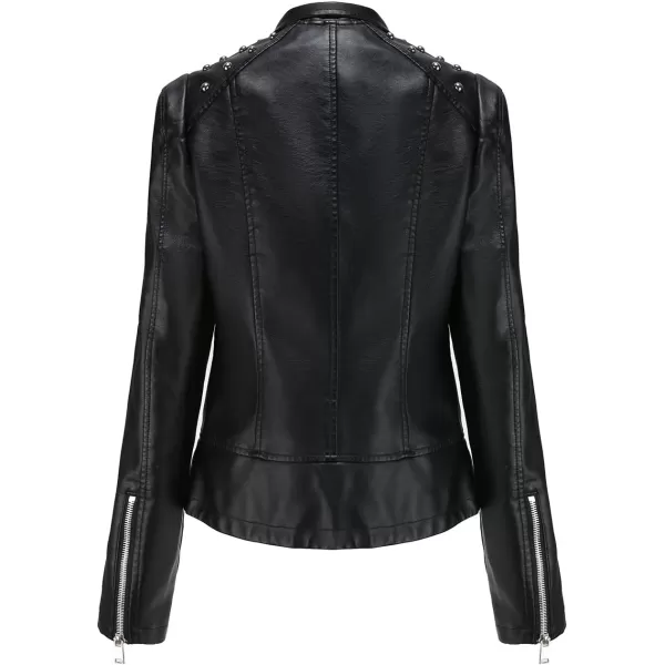 chouyatou Womens Casual Light Studded Shoulder Moto Biker Faux Leather JacketBlack