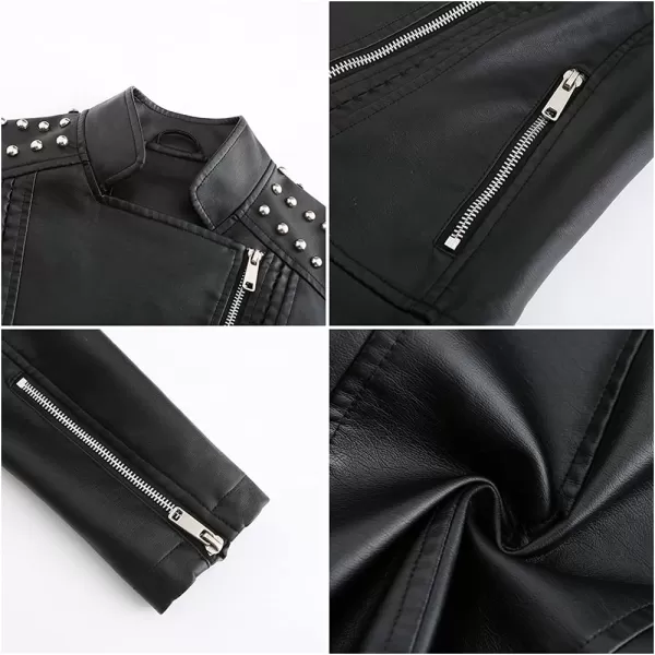 chouyatou Womens Casual Light Studded Shoulder Moto Biker Faux Leather JacketBlack