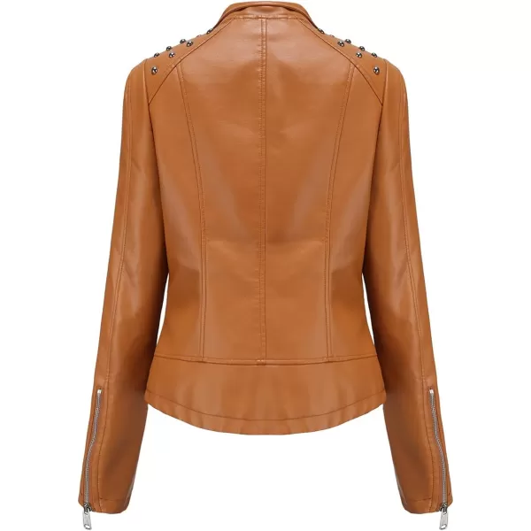 chouyatou Womens Casual Light Studded Shoulder Moto Biker Faux Leather JacketCamel