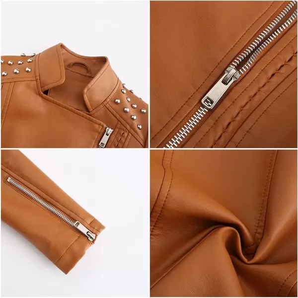 chouyatou Womens Casual Light Studded Shoulder Moto Biker Faux Leather JacketCamel