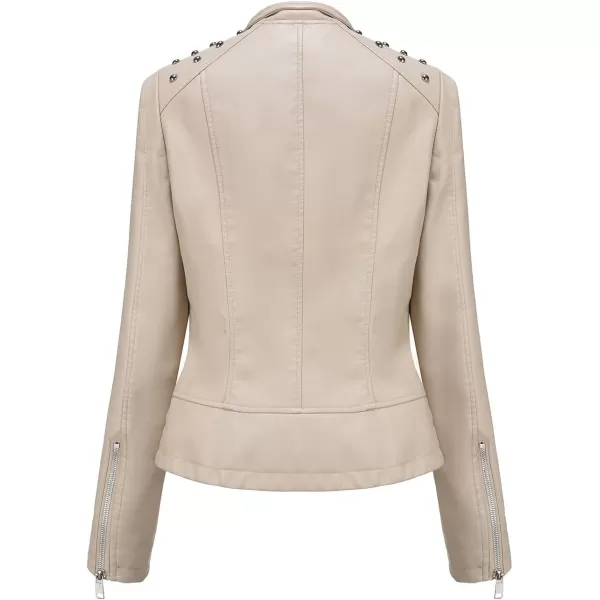 chouyatou Womens Casual Light Studded Shoulder Moto Biker Faux Leather JacketOffwhite