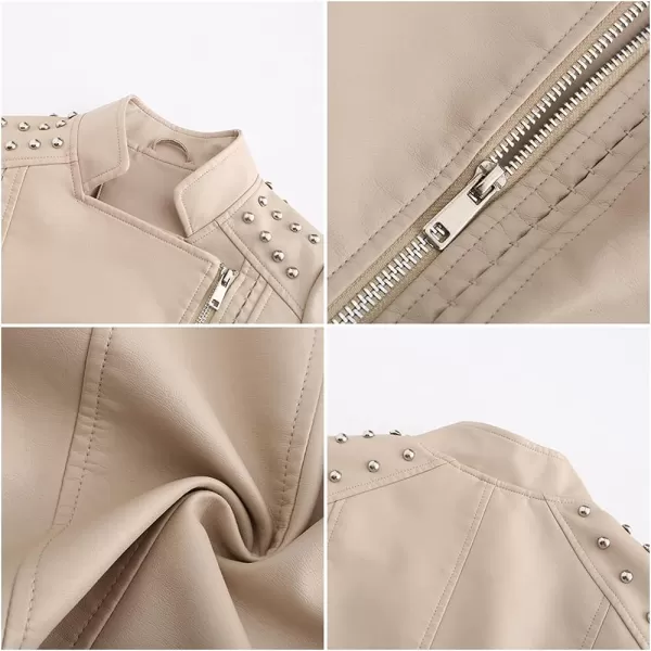 chouyatou Womens Casual Light Studded Shoulder Moto Biker Faux Leather JacketOffwhite