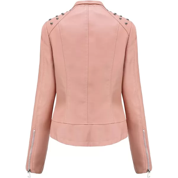 chouyatou Womens Casual Light Studded Shoulder Moto Biker Faux Leather JacketPink