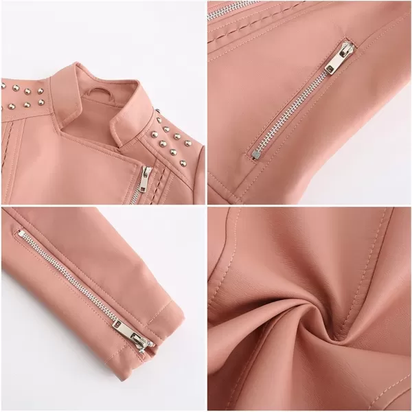 chouyatou Womens Casual Light Studded Shoulder Moto Biker Faux Leather JacketPink