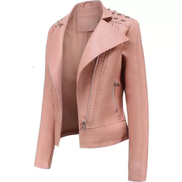 chouyatou Womens Casual Light Studded Shoulder Moto Biker Faux Leather JacketPink