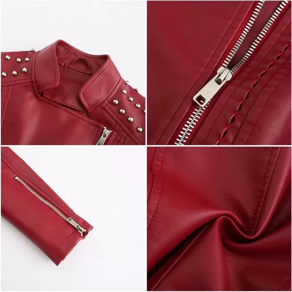 chouyatou Womens Casual Light Studded Shoulder Moto Biker Faux Leather JacketWine Red