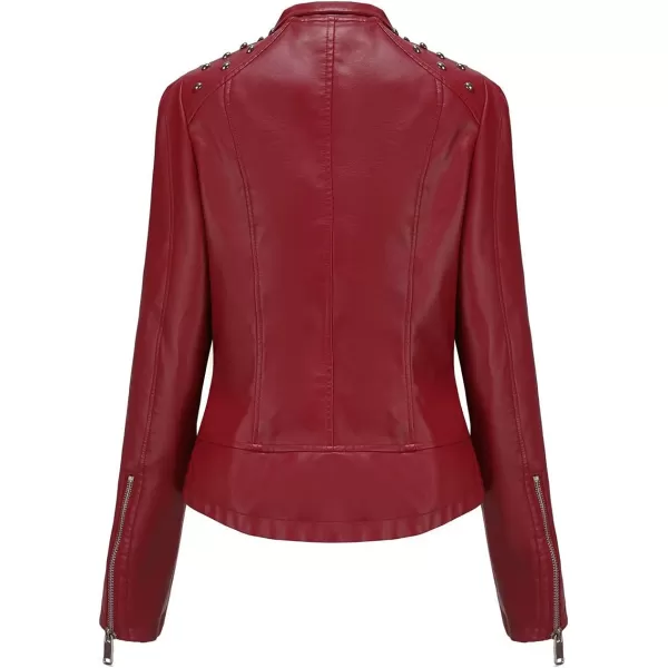 chouyatou Womens Casual Light Studded Shoulder Moto Biker Faux Leather JacketWine Red