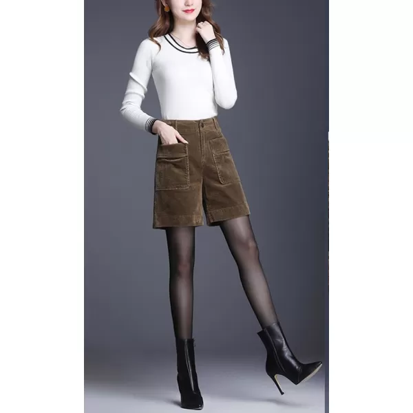 chouyatou Womens Cute Wide Leg Corduroy Shorts High Elastic Waisted Corduroy Short Pants with PocketsBrown