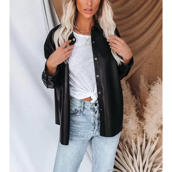 chouyatou Womens Fashion Long Sleeve Button Down Faux Leather Jacket ShacketsBlack