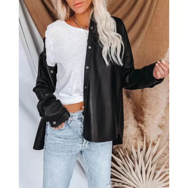 chouyatou Womens Fashion Long Sleeve Button Down Faux Leather Jacket ShacketsBlack
