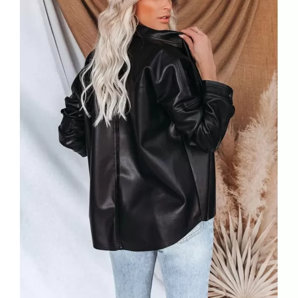 chouyatou Womens Fashion Long Sleeve Button Down Faux Leather Jacket ShacketsBlack