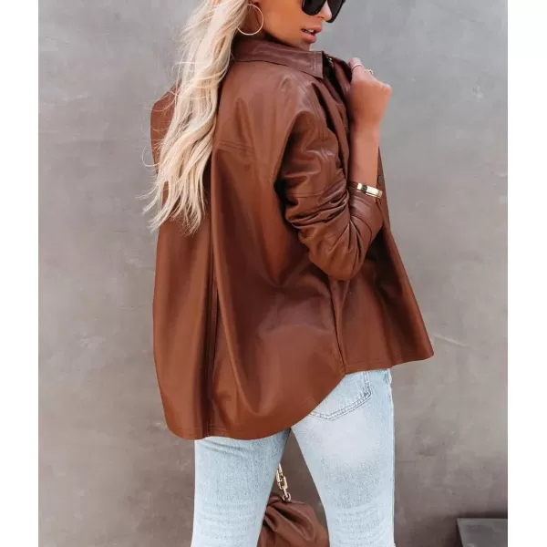 chouyatou Womens Fashion Long Sleeve Button Down Faux Leather Jacket ShacketsBrown