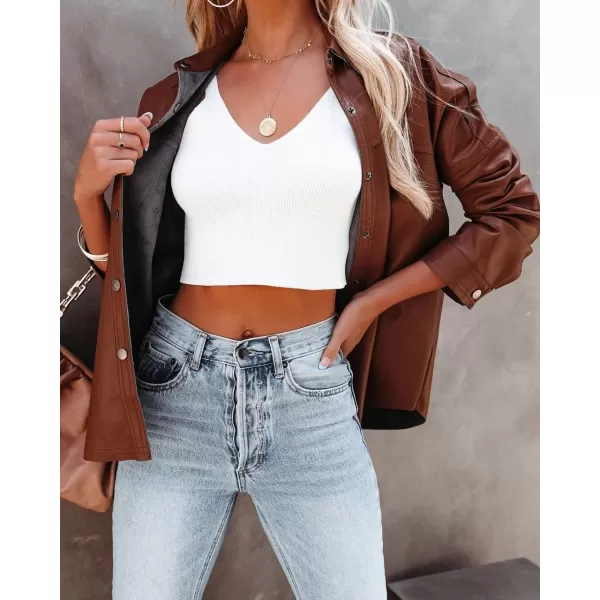 chouyatou Womens Fashion Long Sleeve Button Down Faux Leather Jacket ShacketsBrown