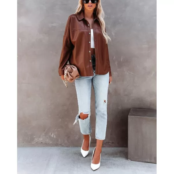 chouyatou Womens Fashion Long Sleeve Button Down Faux Leather Jacket ShacketsBrown