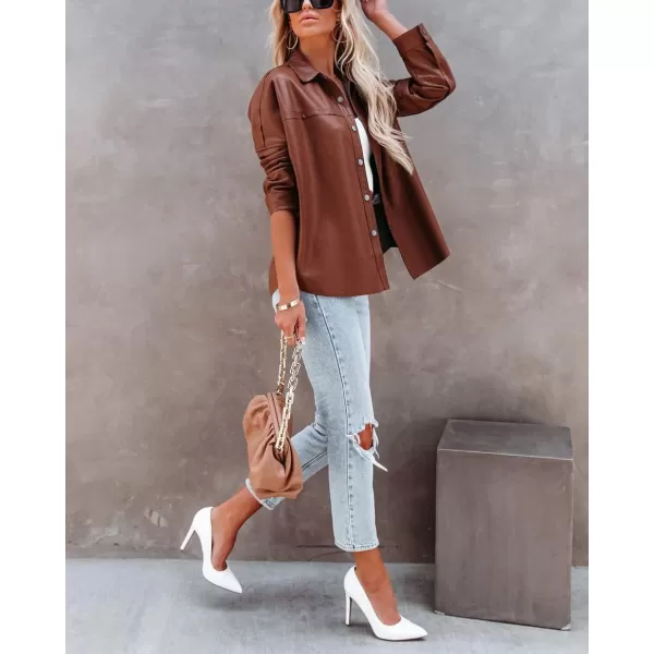 chouyatou Womens Fashion Long Sleeve Button Down Faux Leather Jacket ShacketsBrown