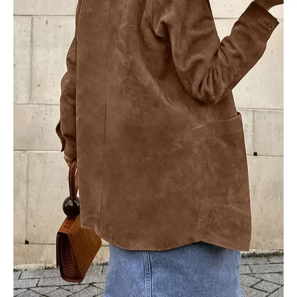 chouyatou Womens Faux Suede Leather Jacket Lapel Collar Button Down Faux Suede Leather Shacket JacketBrown