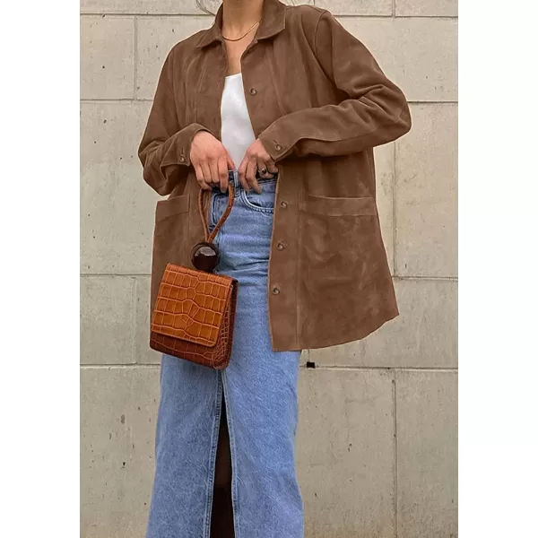 chouyatou Womens Faux Suede Leather Jacket Lapel Collar Button Down Faux Suede Leather Shacket JacketBrown