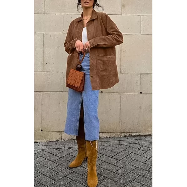 chouyatou Womens Faux Suede Leather Jacket Lapel Collar Button Down Faux Suede Leather Shacket JacketBrown
