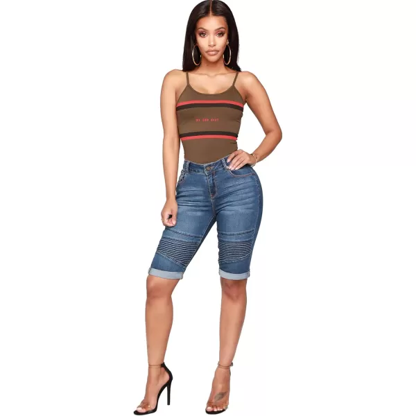 chouyatou Womens Moto Stretchy High Waist ButtLifting Wrinkle Cuffed Denim Bermuda ShortsBlue