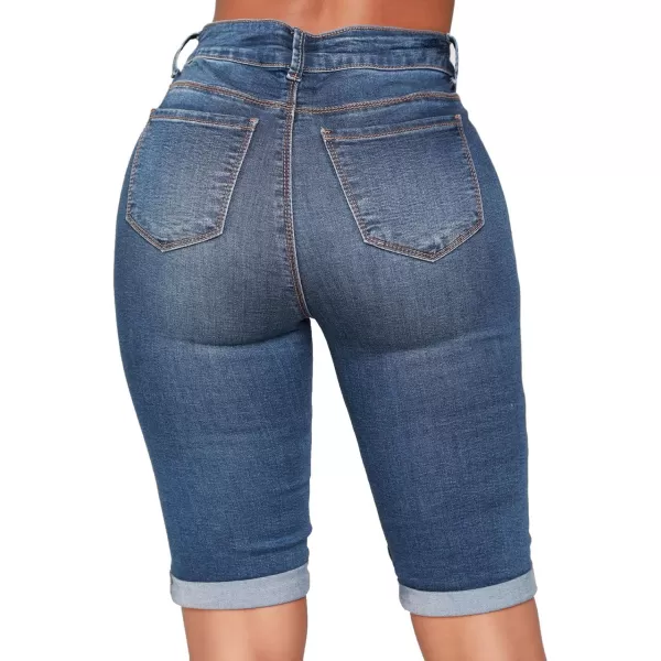 chouyatou Womens Moto Stretchy High Waist ButtLifting Wrinkle Cuffed Denim Bermuda ShortsBlue