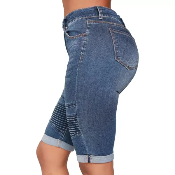 chouyatou Womens Moto Stretchy High Waist ButtLifting Wrinkle Cuffed Denim Bermuda ShortsBlue