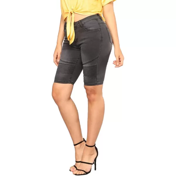 chouyatou Womens Moto Stretchy High Waist ButtLifting Wrinkle Cuffed Denim Bermuda ShortsDark Grey