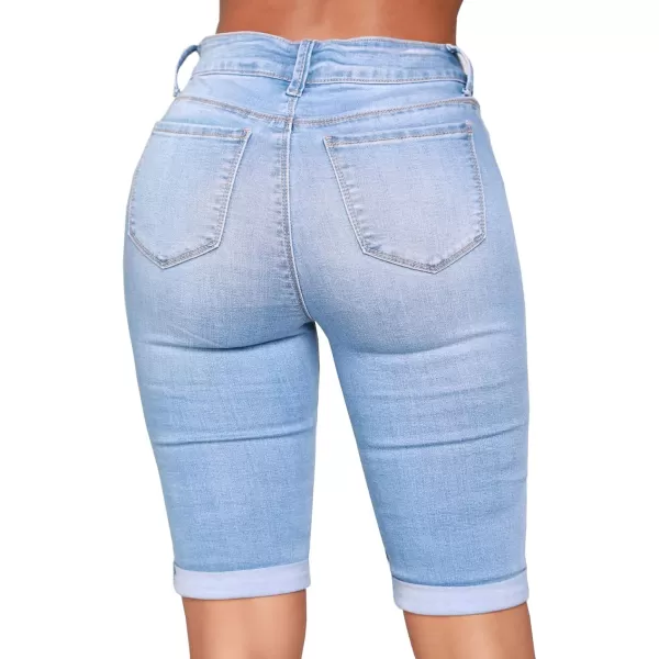 chouyatou Womens Moto Stretchy High Waist ButtLifting Wrinkle Cuffed Denim Bermuda ShortsLight Blue