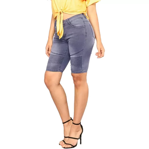 chouyatou Womens Moto Stretchy High Waist ButtLifting Wrinkle Cuffed Denim Bermuda ShortsLight Grey