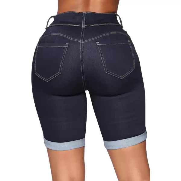chouyatou Womens Stretchy Fit RollUp Cuff Summer Skinny Bermuda Jean ShortsDark Blue