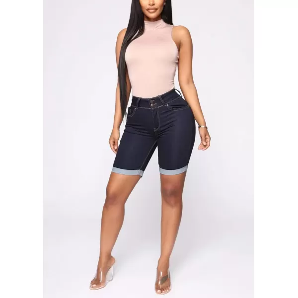 chouyatou Womens Stretchy Fit RollUp Cuff Summer Skinny Bermuda Jean ShortsDark Blue