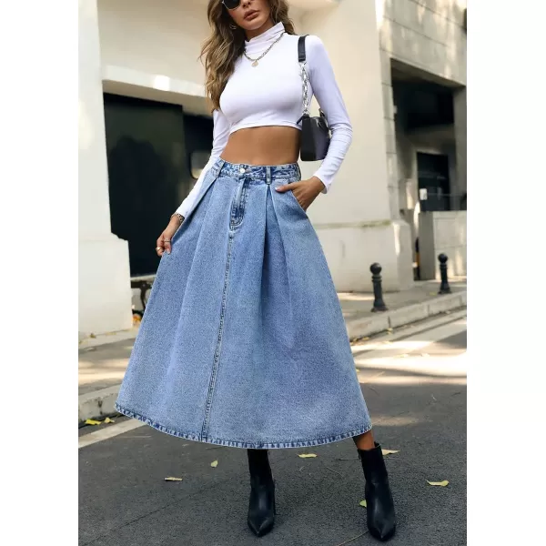 chouyatou Womens Summer Boho Elastic High Waisted A Line Flared Midi Long Denim Jean Dress with PocketsBlue
