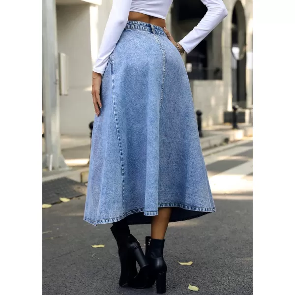 chouyatou Womens Summer Boho Elastic High Waisted A Line Flared Midi Long Denim Jean Dress with PocketsBlue