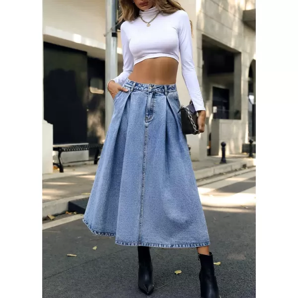 chouyatou Womens Summer Boho Elastic High Waisted A Line Flared Midi Long Denim Jean Dress with PocketsBlue