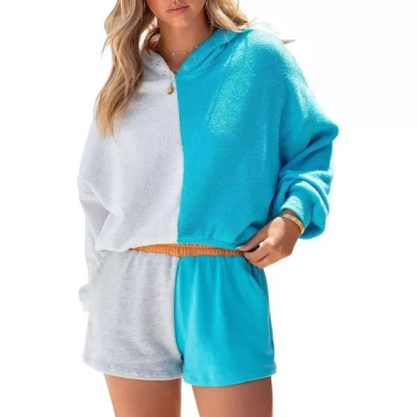chouyatou Womens 2 Piece Outfits Color Block Long Sleeve Hooded Hoodie Sweatshirt Top Shorts SetsBlue Grey
