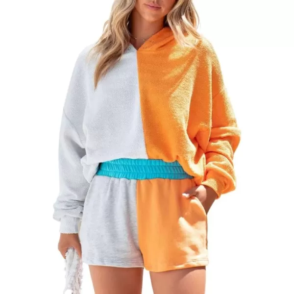 chouyatou Womens 2 Piece Outfits Color Block Long Sleeve Hooded Hoodie Sweatshirt Top Shorts SetsOrange Grey