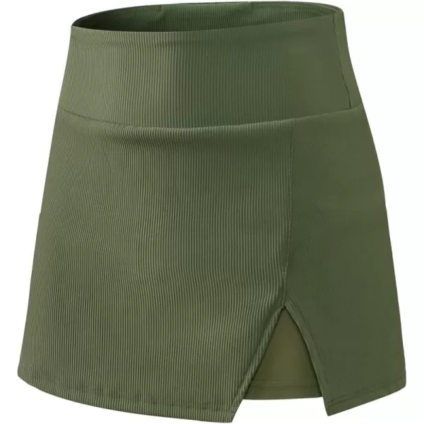 chouyatou Womens Active Stretched High Waisted A Line Ribbed Knit Tennis Gym Running Skorts Skirts with ShortsArmy Green