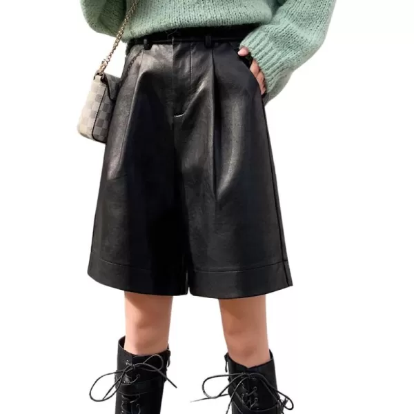 chouyatou Womens Casual High Elastic Waist Shorts Moto Pu Faux Leather Shorts with PocketsBlack