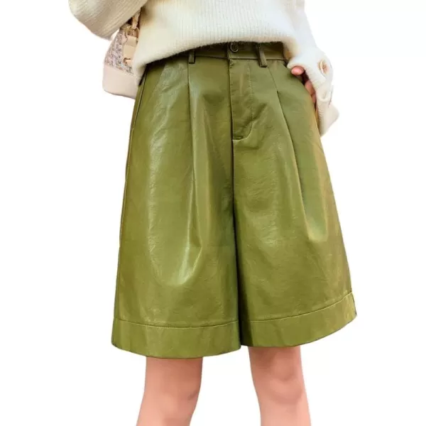 chouyatou Womens Casual High Elastic Waist Shorts Moto Pu Faux Leather Shorts with PocketsGreen