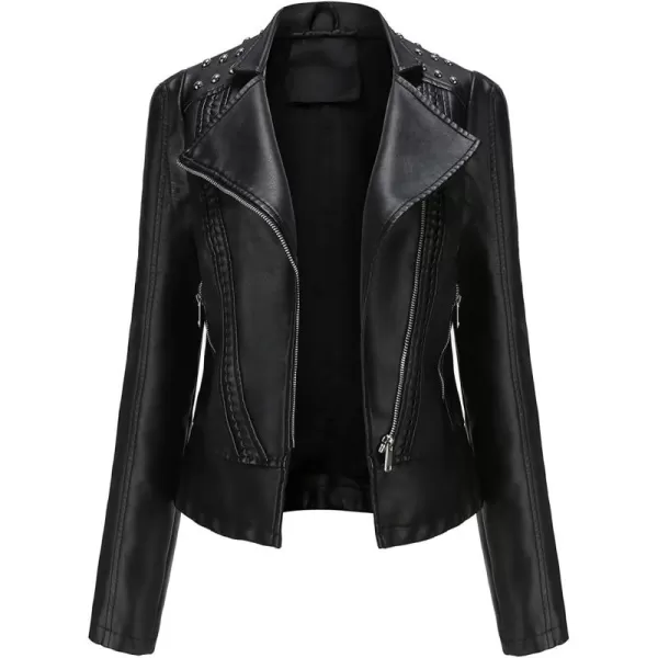 chouyatou Womens Casual Light Studded Shoulder Moto Biker Faux Leather JacketBlack