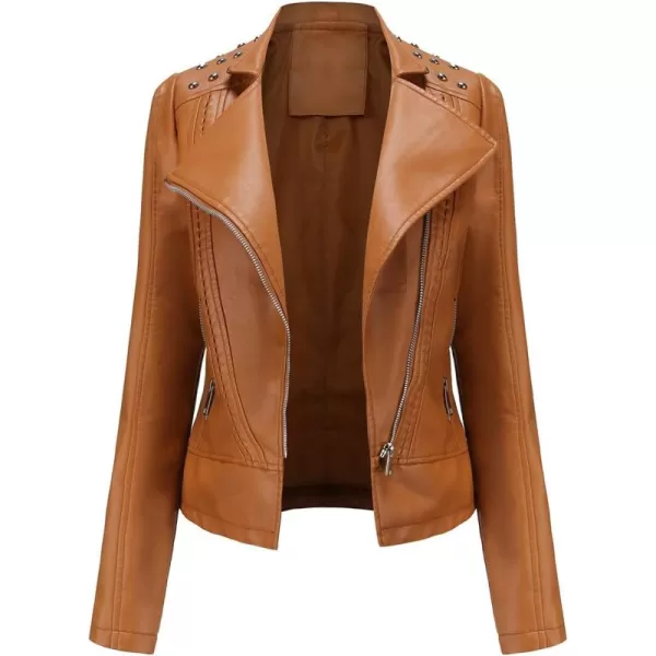 chouyatou Womens Casual Light Studded Shoulder Moto Biker Faux Leather JacketCamel