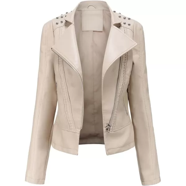chouyatou Womens Casual Light Studded Shoulder Moto Biker Faux Leather JacketOffwhite