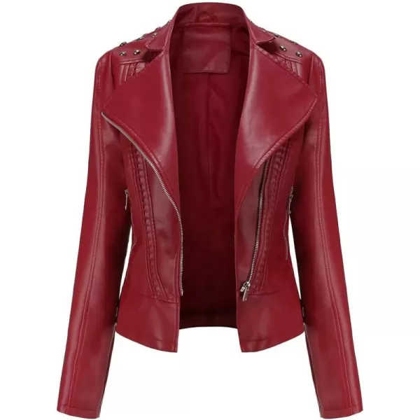 chouyatou Womens Casual Light Studded Shoulder Moto Biker Faux Leather JacketWine Red
